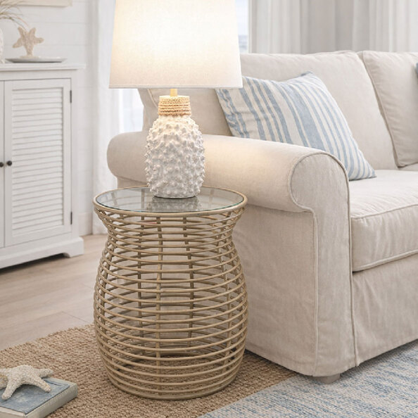 Kaelis Glass Top End Table with Beige Metal Frame