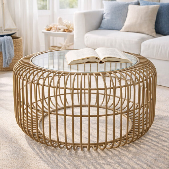 Kaelis Glass Top Coffee Table with Beige Metal Frame