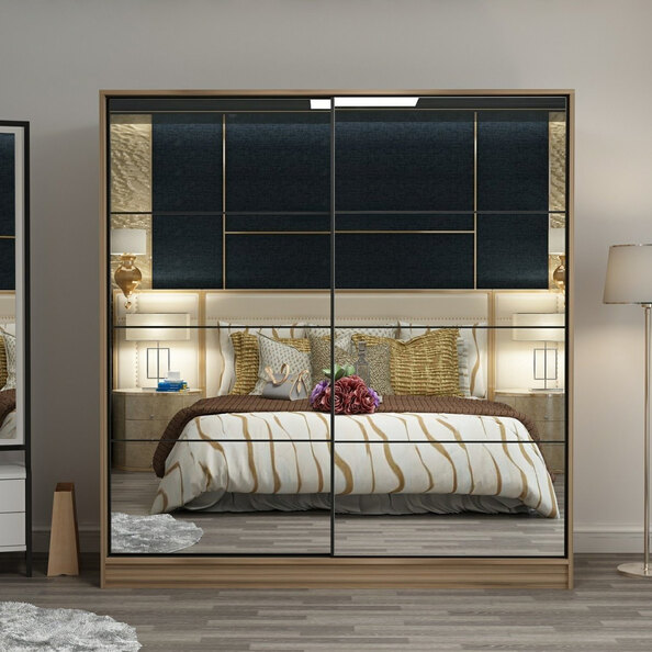 Kale 220cm Mirrored Sliding Wardrobe with 2 Doors in Oak