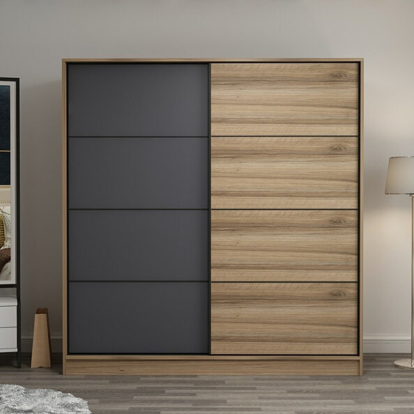 Kale 220cm Wooden Sliding Wardrobe with 2 Doors in Oak and Anthracite