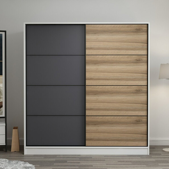 Kale 220cm Wooden Sliding Wardrobe with 2 Doors in White Oak and Anthracite