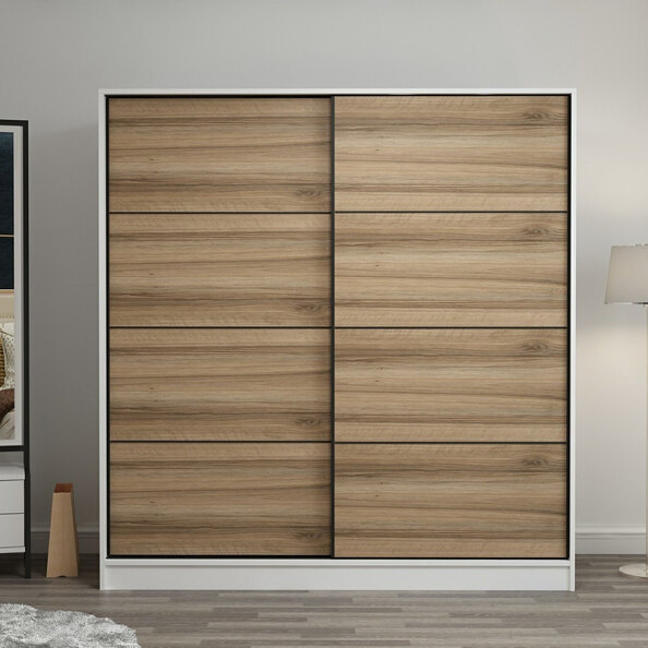 Kale H190cm White Wooden Sliding Wardrobe with 2 Oak Doors