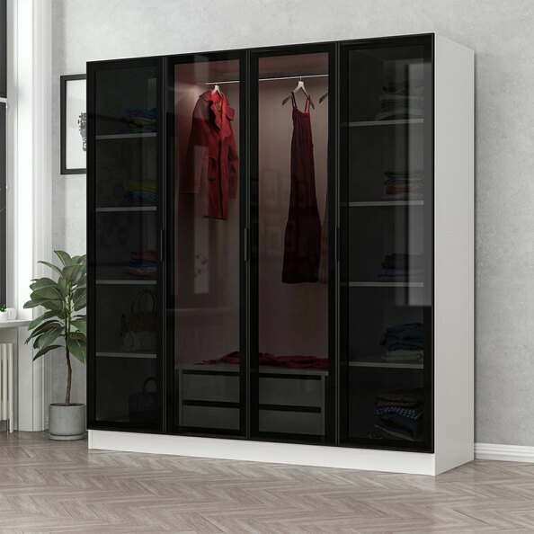 Kale H190cm Wooden Mirror Wardrobe with 4 Doors in White and Black