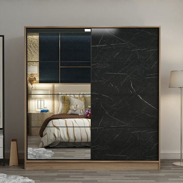 Kale H190cm Wooden Sliding Mirror Wardrobe with 2 Doors in Oak and Black