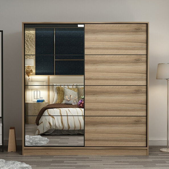 Kale H190cm Wooden Sliding Mirror Wardrobe with 2 Doors in Oak