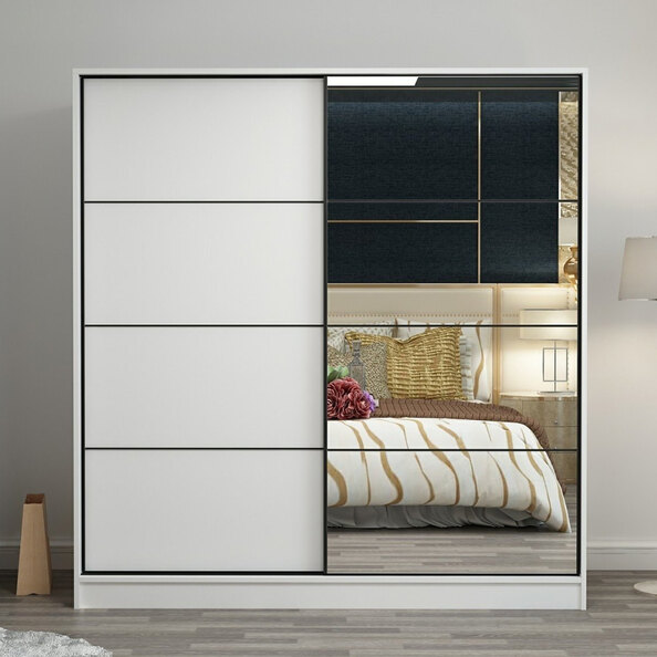 Kale H190cm Wooden Sliding Mirror Wardrobe with 2 Doors in White