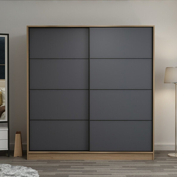 Kale H190cm Wooden Sliding Wardrobe with 2 Doors in Anthracite and Oak
