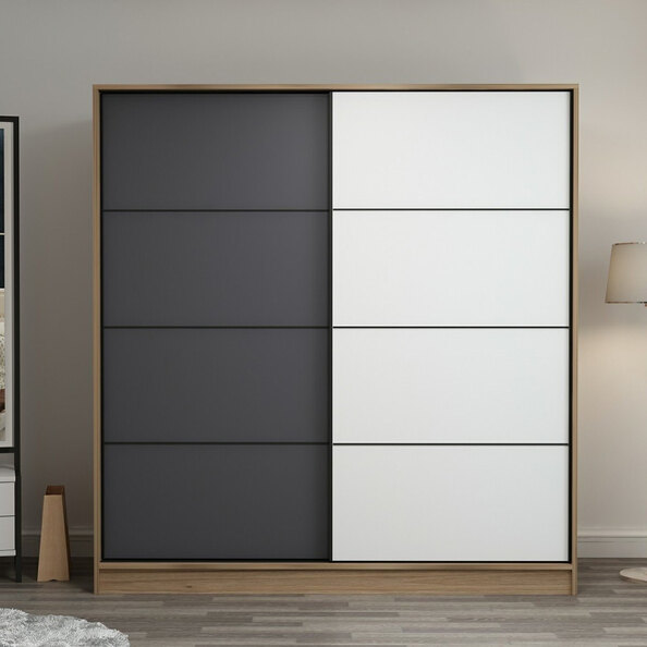 Kale H190cm Wooden Sliding Wardrobe with 2 Doors in Oak Anthracite and White
