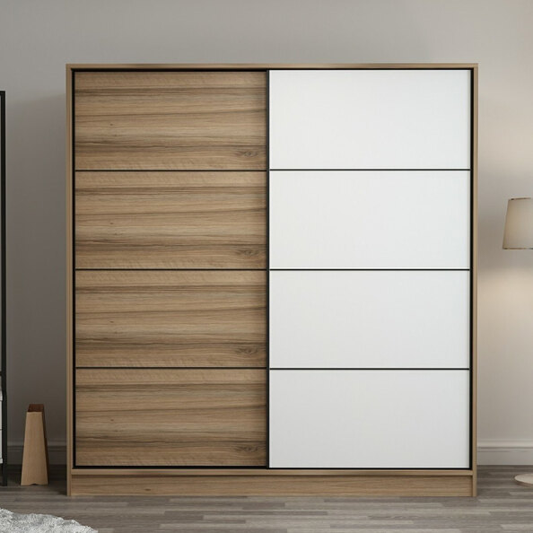 Kale H190cm Wooden Sliding Wardrobe with 2 Doors in Oak and White