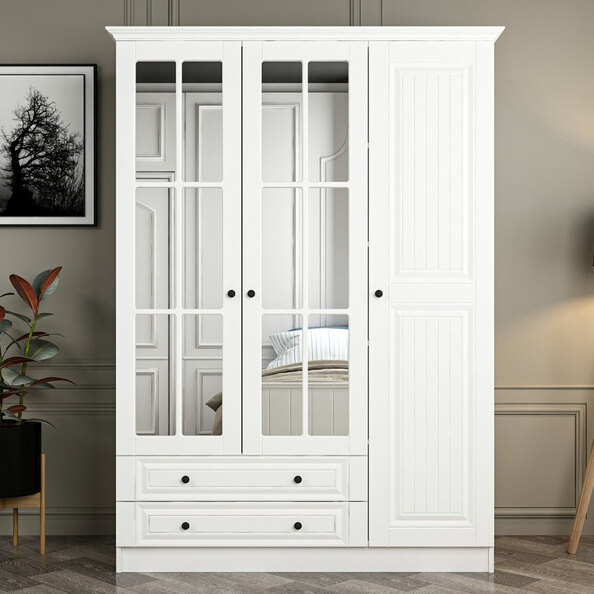 Kale H190cm Wooden Wardrobe with 3 Doors 2 Drawers in White