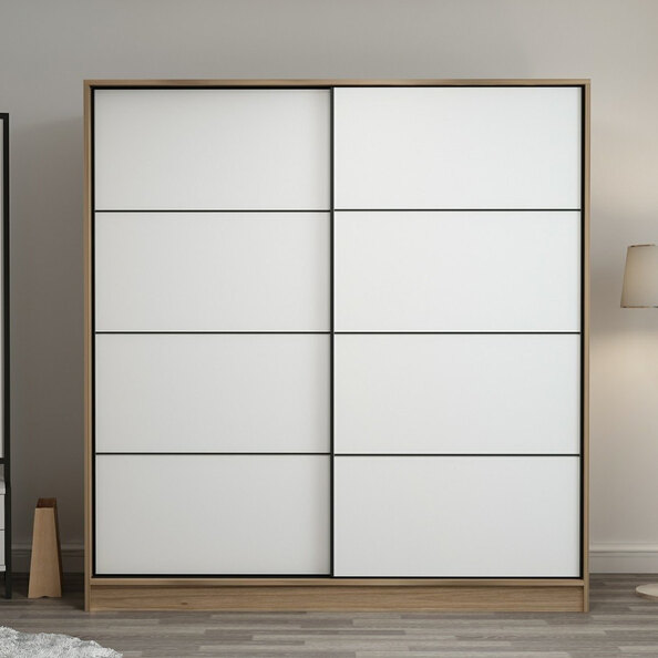 Kale H210cm Oak Wooden Sliding Wardrobe with 2 White Doors