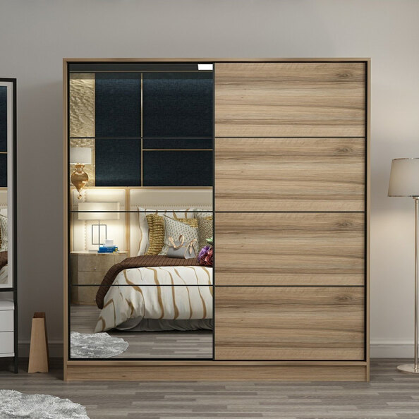 Kale H210cm Wooden Sliding Mirror Wardrobe with 2 Doors in Oak