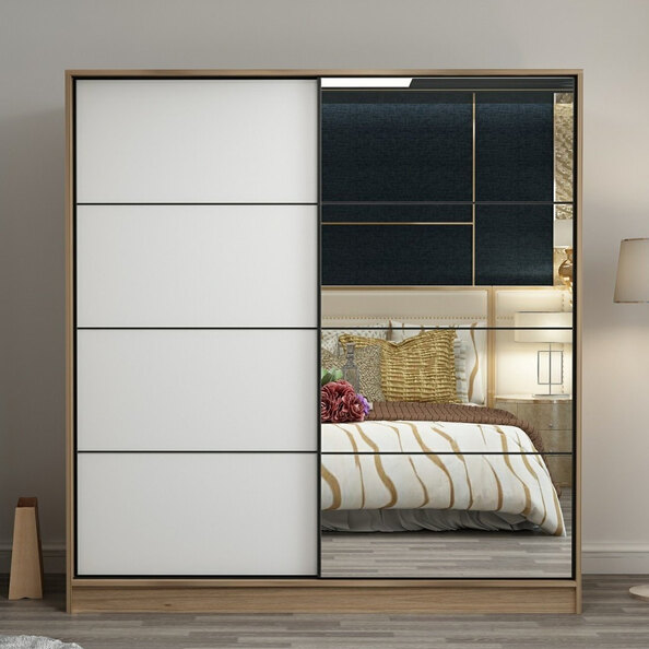 Kale H210cm Wooden Sliding Mirror Wardrobe with 2 Doors in White and Oak