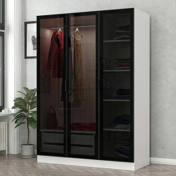 Kale H210cm Wooden Wardrobe with 3 Mirror Doors in White and Black