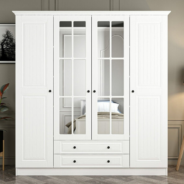 Kale H210cm Wooden Wardrobe with 4 Doors 2 Drawers in White