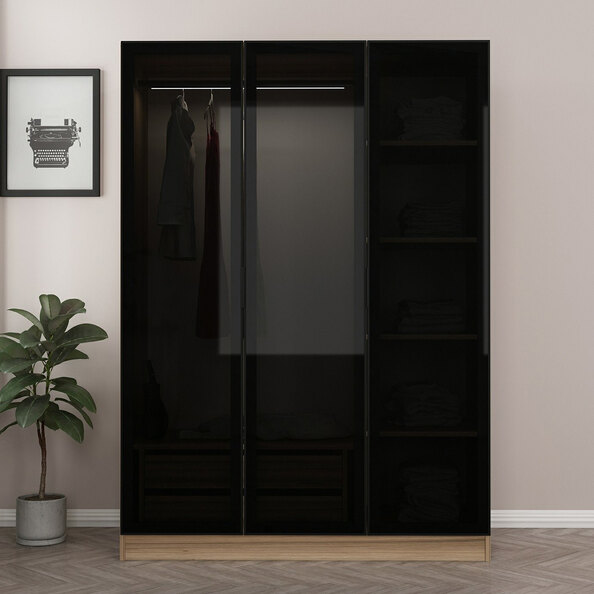 Kale Mirrored Wardrobe with 3 Doors in Golden Oak and Dark Grey