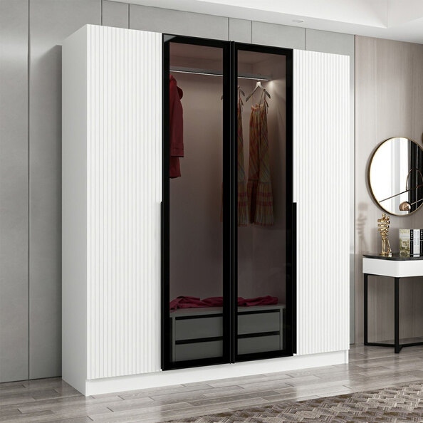 Kale Mirrored Wardrobe with 4 Doors in White and Dark Grey