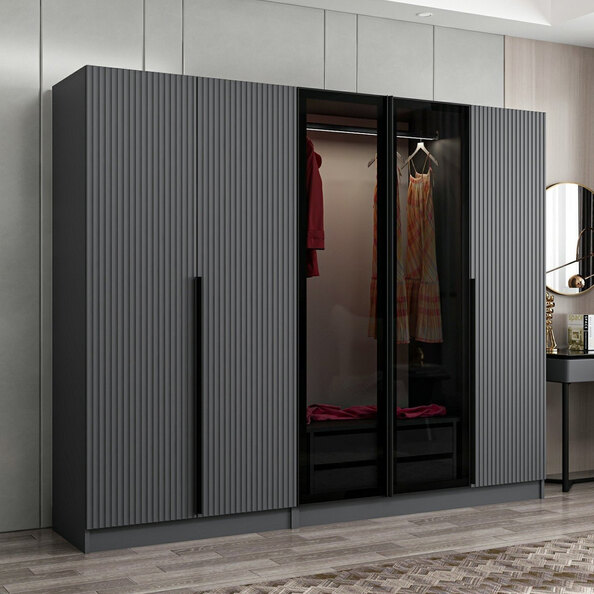 Kale Mirrored Wardrobe with 5 Doors in Anthracite and Dark Grey