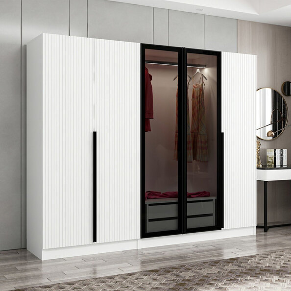 Kale Mirrored Wardrobe with 5 Doors in White and Dark Grey
