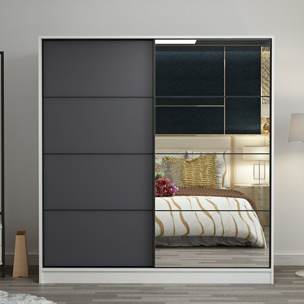 Kale Wooden Sliding Mirror Wardrobe with 2 Doors in Anthracite and White