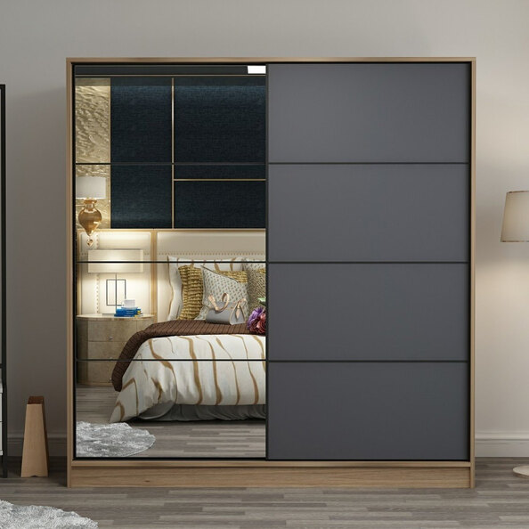 Kale Wooden Sliding Mirror Wardrobe with 2 Doors in Oak and Anthracite