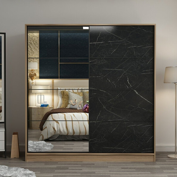 Kale Wooden Sliding Mirror Wardrobe with 2 Doors in Oak and Black