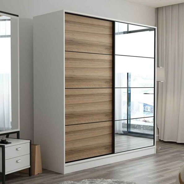 Kale Wooden Sliding Mirror Wardrobe with 2 Doors in White and Oak