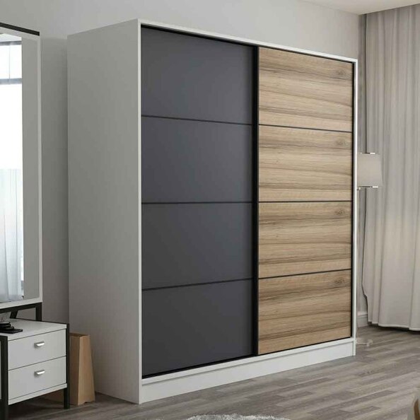 Kale Wooden Sliding Wardrobe with 2 Doors in White Anthracite and Oak