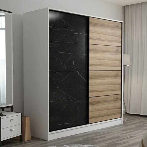 Kale Wooden Sliding Wardrobe with 2 Doors in White Oak and Black
