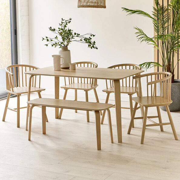 Kanata Oak Wooden Rectangular Dining Table With 4 Chairs 1 Bench