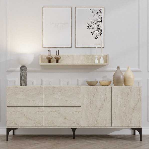 Karter Wooden Sideboard with Wall Shelf in Travertine Marble Effect