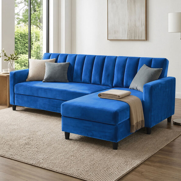 Katro Velvet L Shaped Sofa Bed in Blue