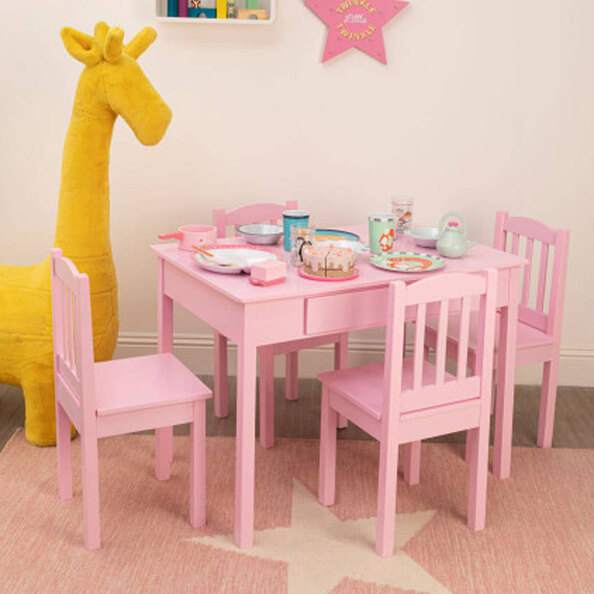 Kelvra Wooden Kids Table with 4 Chair in Pink