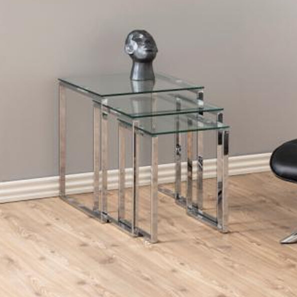 Kennesaw Clear Glass Nest Of 3 Tables With Chrome Legs