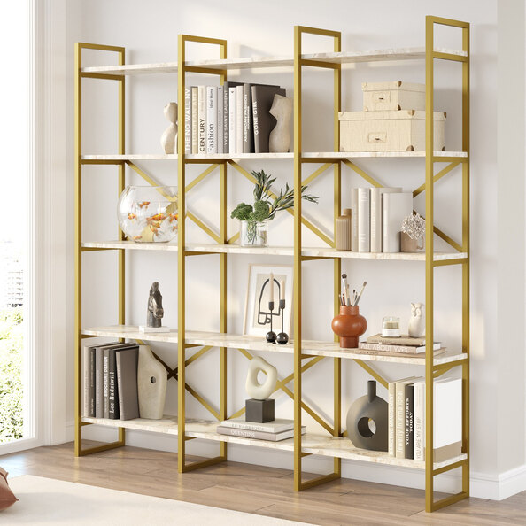 Kenza Large Wooden Display Unit with 5 Shelves in White Marble Effect