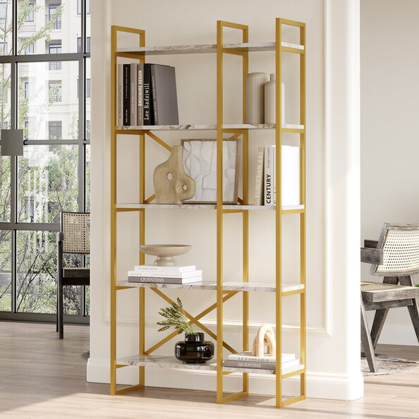 Kenza Medium Wooden Display Unit with 5 Shelves in White Marble Effect