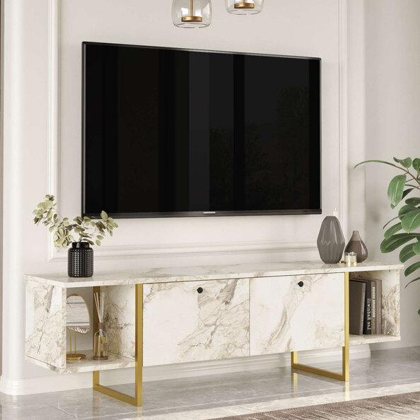 Kenza Wooden TV Stand with Gold Metal Legs in White Marble Effect