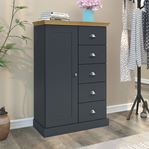 Kervan Wooden Highboard with 1 Door in Anthracite and Oak