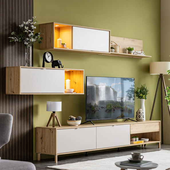 Kester Wooden Entertainment Unit in Artisan Oak and Cashmere