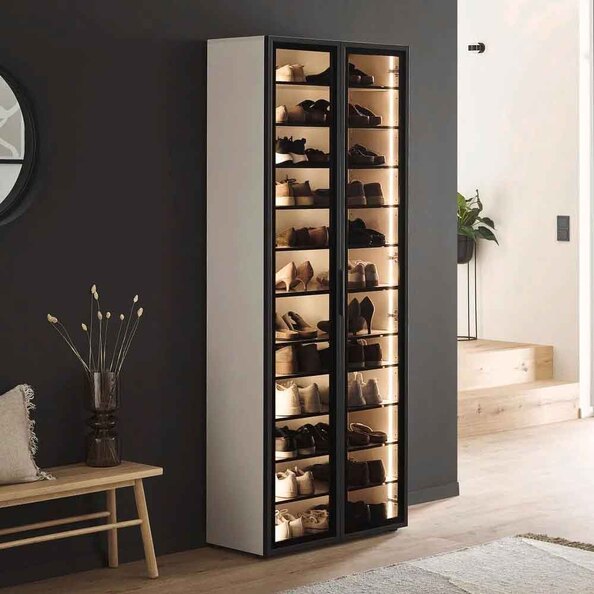 Kiana High Gloss Tall Shoe Storage Cabinet with 2 Glass Doors in Cashmere Lacquer and LED