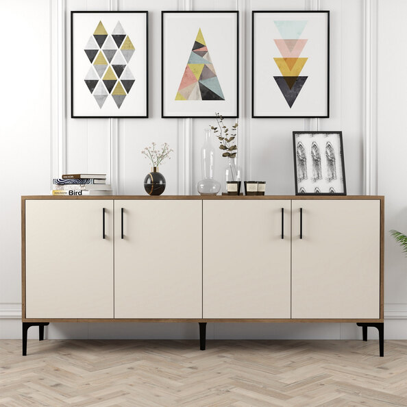 Kiev Large Wooden Sideboard with 4 Doors in Walnut and Cream