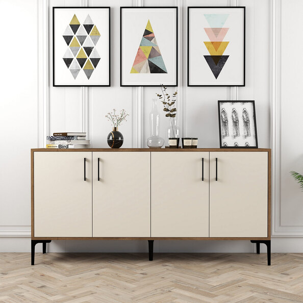 Kiev Small Wooden Sideboard with 4 Doors in Walnut and Cream