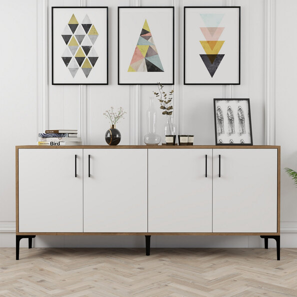 Kiev Wooden Sideboard with 4 Doors in Walnut and White