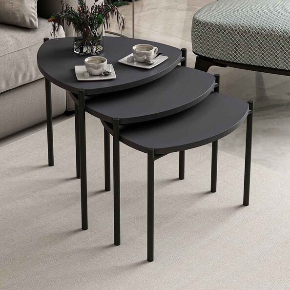 Kingsley Triangle Wooden Nest of 3 Side Table with Metal Legs in Anthracite