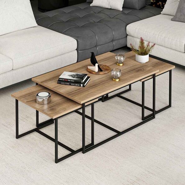 Kingsley Wooden Nest of 3 Coffee Table with Metal Frame in Walnut