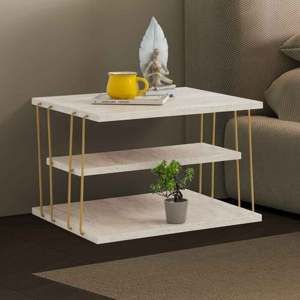 Kingsley Wooden Side Table with Gold Metal Frame in Travertine Marble Effect