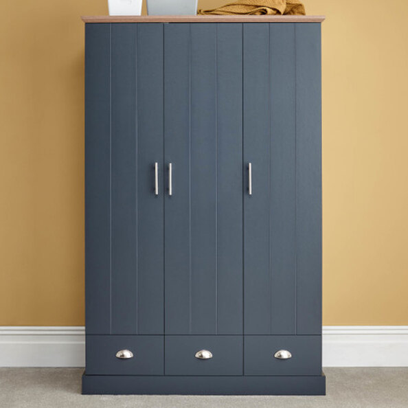 Kirkby Wooden Wardrobe With 3 Doors 3 Drawers In Slate Blue And Oak