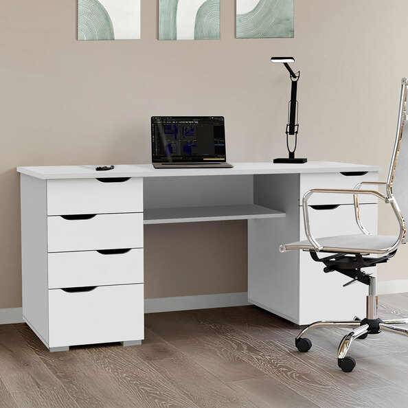Kirkham Wooden Laptop Desk with 5 Drawers in White