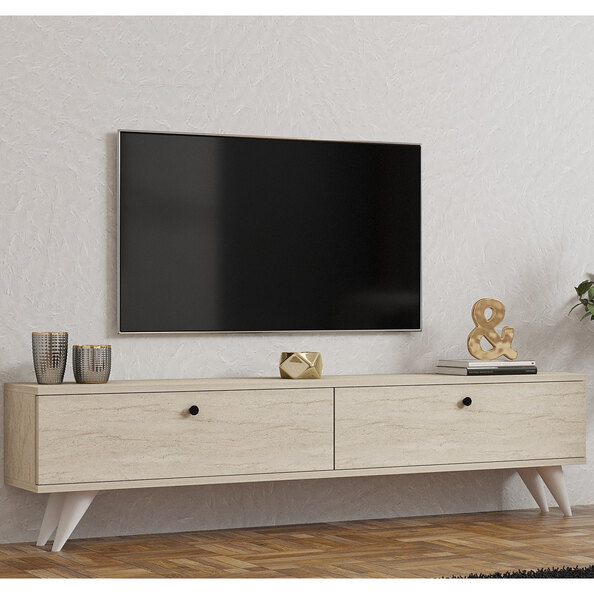 Kiyomi Wooden TV Stand with Plastic Legs in Travertine Marble Effect
