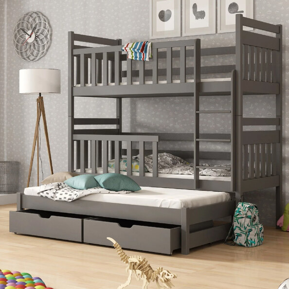 Krakow Wooden Bunk Bed With Foam Mattress And Trundle In Graphite